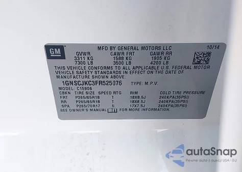 2015 Chevrolet Suburban 1500 Lt z USA, uszkodzony, nr VIN 1GNSCJKC3FR525076